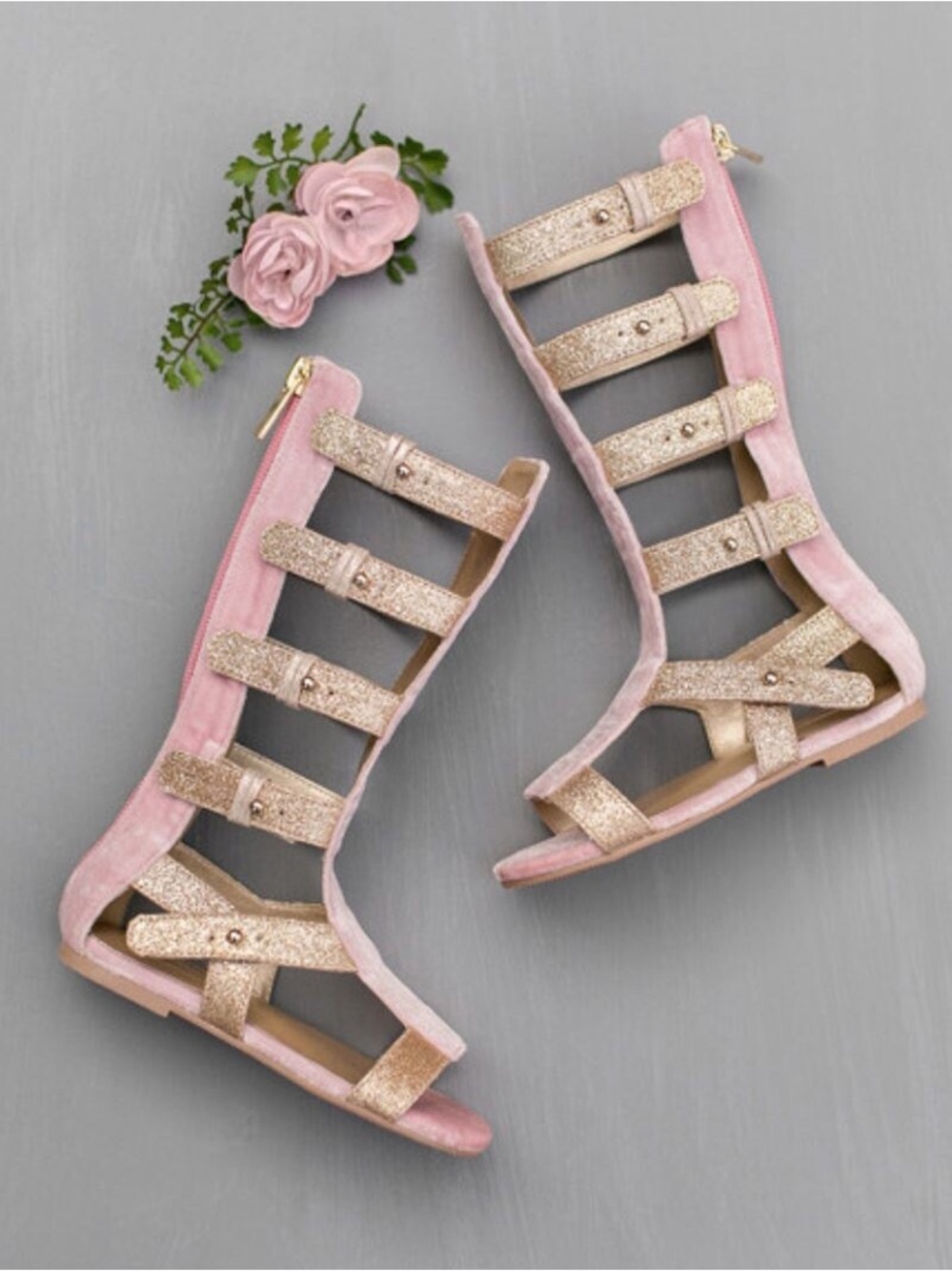 Joyfolie Pink Gladiator Sandals with Gold Straps
